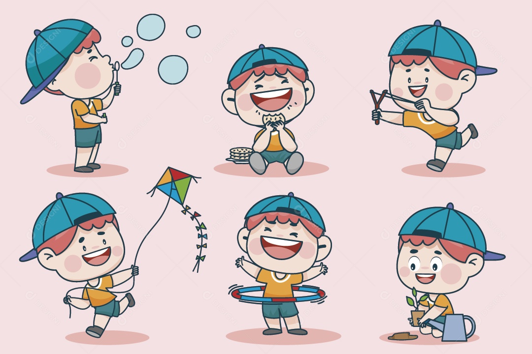 Personagem em Diferentes Expressões Faciais e Poses Vetor EPS