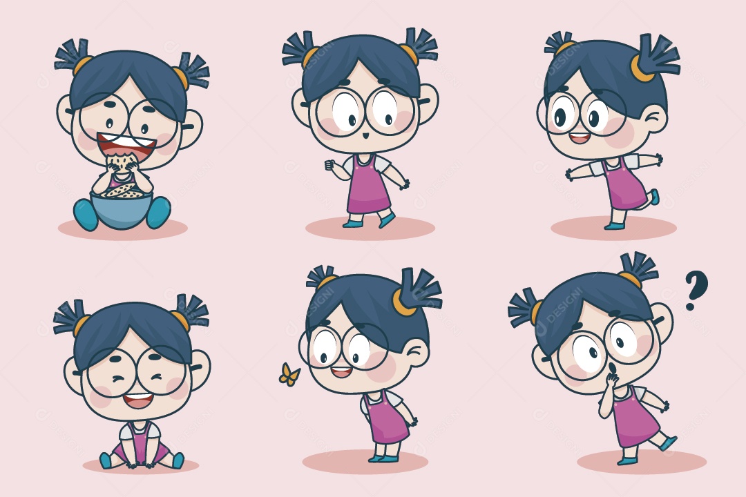 Personagem Feminina em Diferentes Expressões Faciais e Poses Vetor EPS