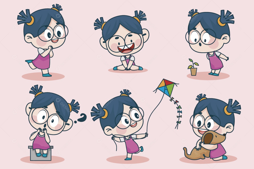 Personagem Feminina em Diferentes Expressões Faciais e Poses Vetor EPS