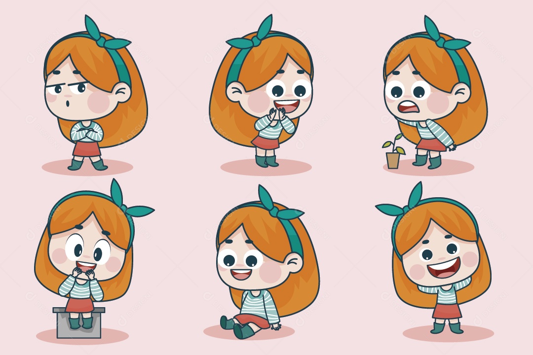 Personagem Feminina em Diferentes Expressões Faciais e Poses Vetor EPS