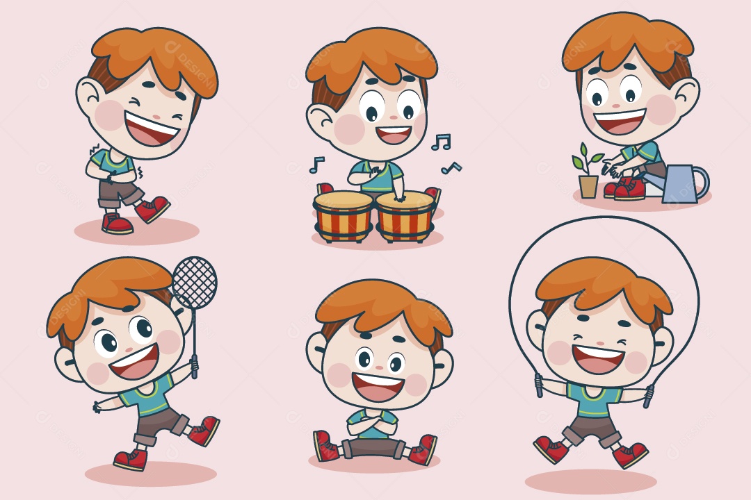 Personagem em Diferentes Expressões Faciais e Poses Vetor EPS