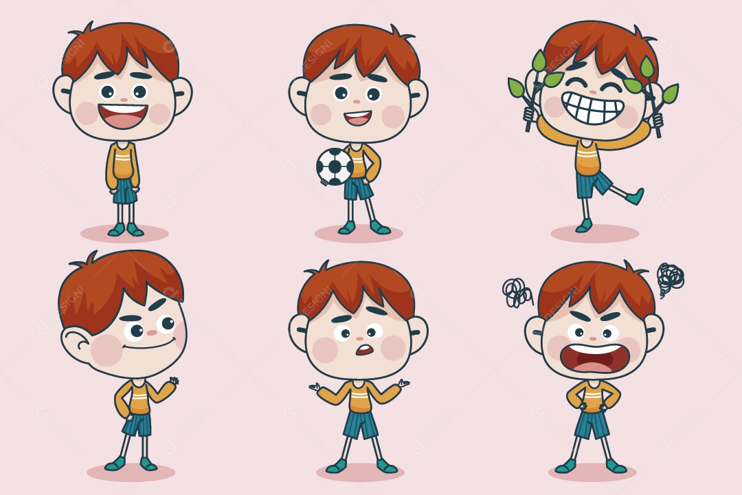 Personagem em Diferentes Expressões Faciais e Poses Vetor EPS