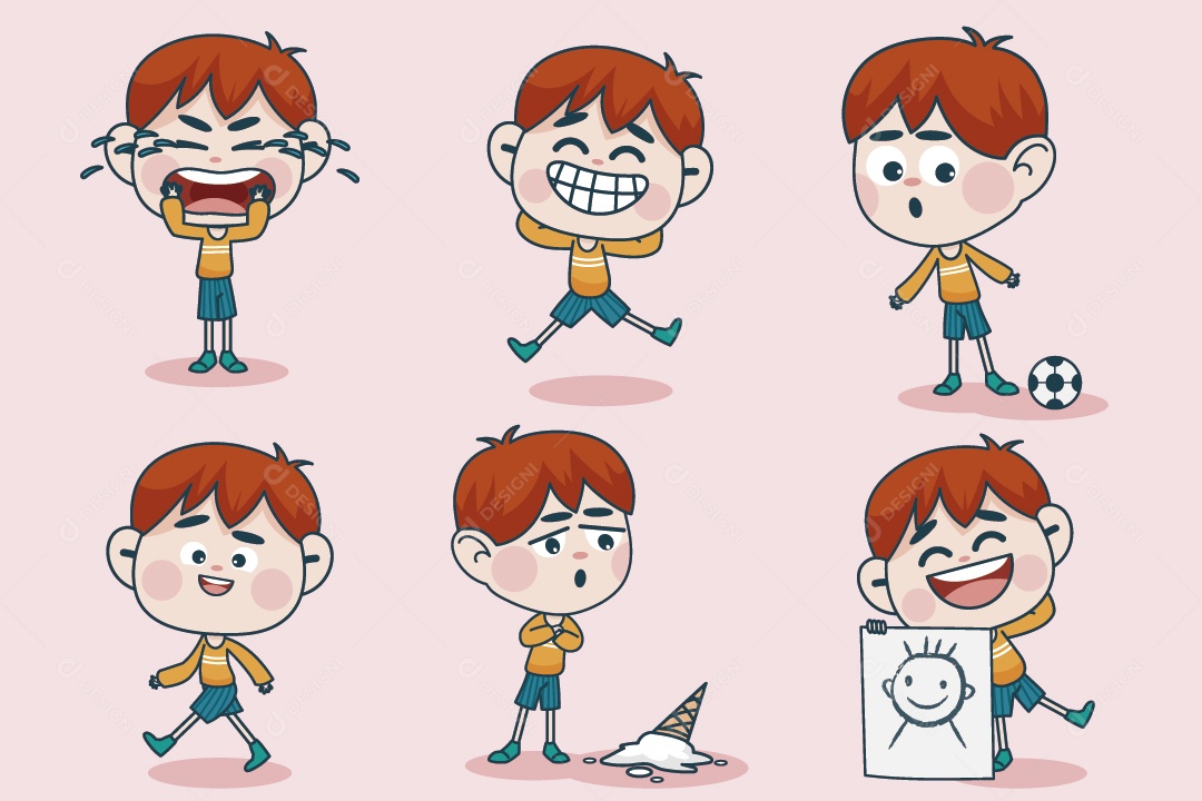 Personagem em Diferentes Expressões Faciais e Poses Vetor EPS