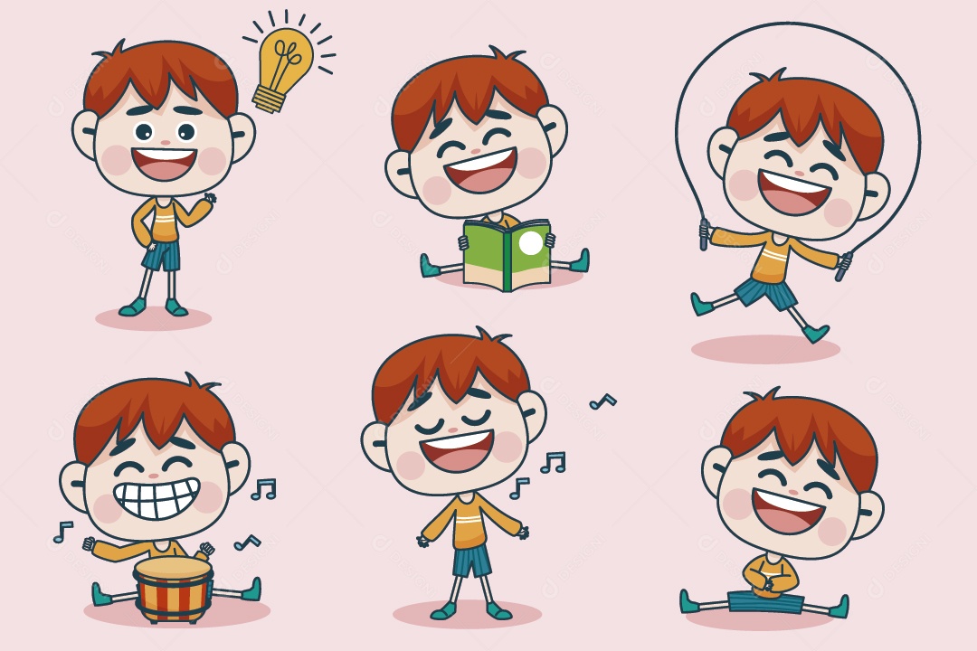 Personagem em Diferentes Expressões Faciais e Poses Vetor EPS