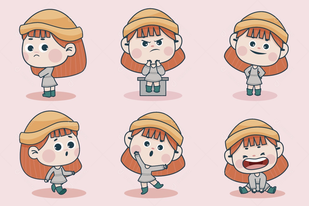 Personagem Feminina em Diferentes Expressões Faciais e Poses Vetor EPS