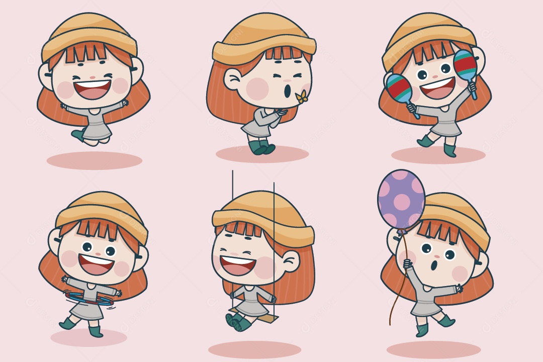 Personagem Feminina em Diferentes Expressões Faciais e Poses Vetor EPS