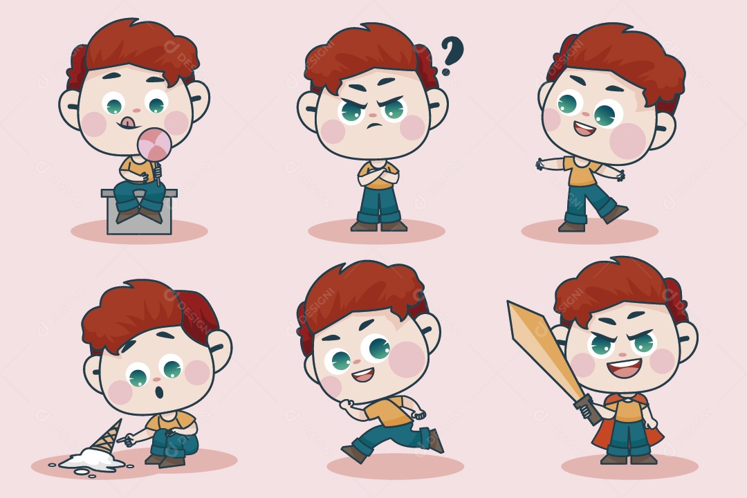 Personagem em Diferentes Expressões Faciais e Poses Vetor EPS