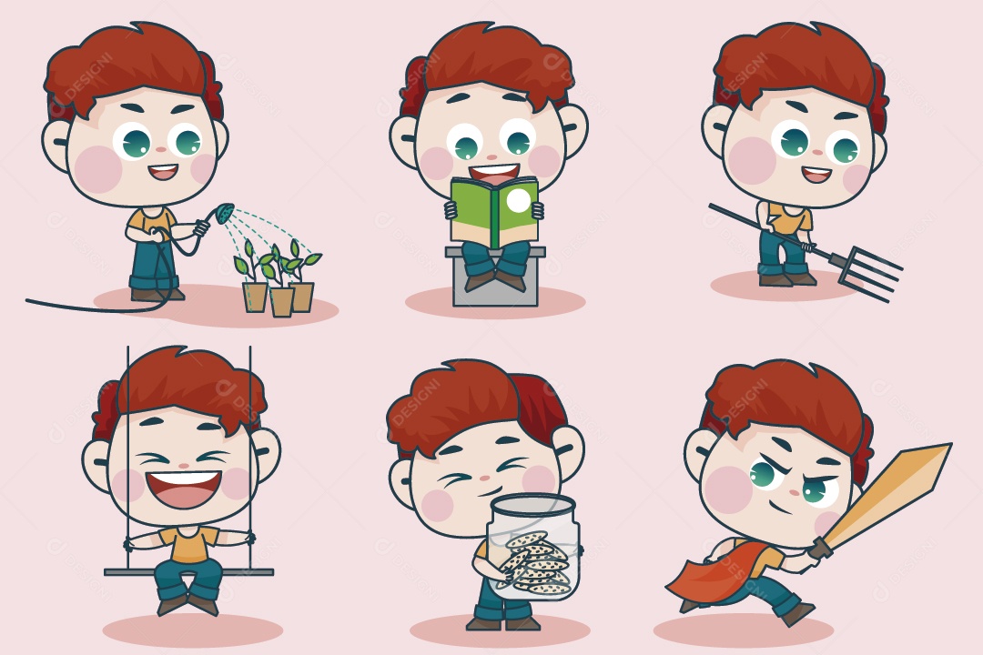 Personagem em Diferentes Expressões Faciais e Poses Vetor EPS