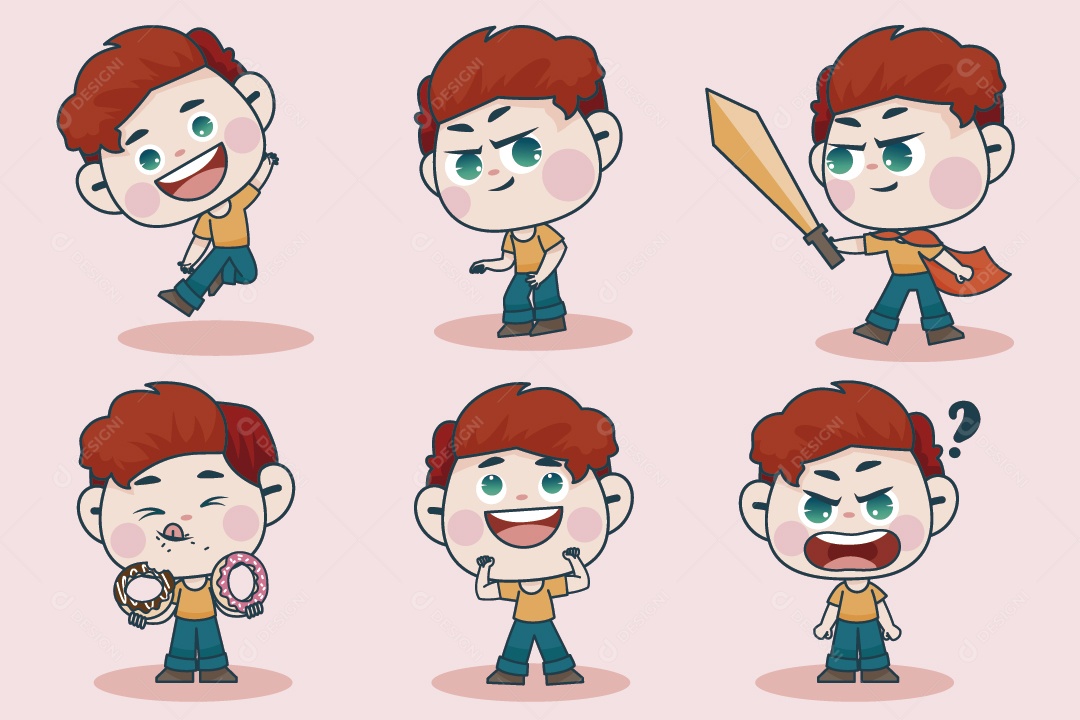 Personagem em Diferentes Expressões Faciais e Poses Vetor EPS