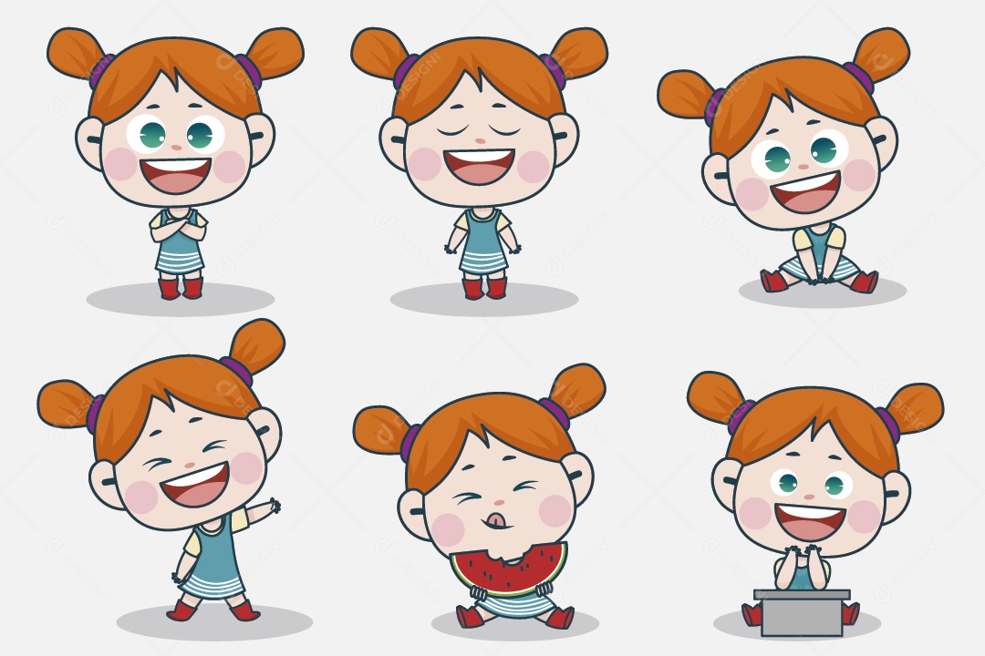 Personagem Feminina em Diferentes Expressões Faciais e Poses Vetor EPS