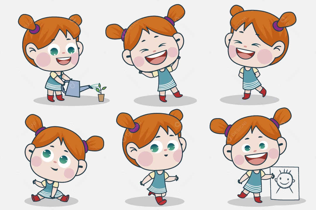 Personagem Feminina em Diferentes Expressões Faciais e Poses Vetor EPS