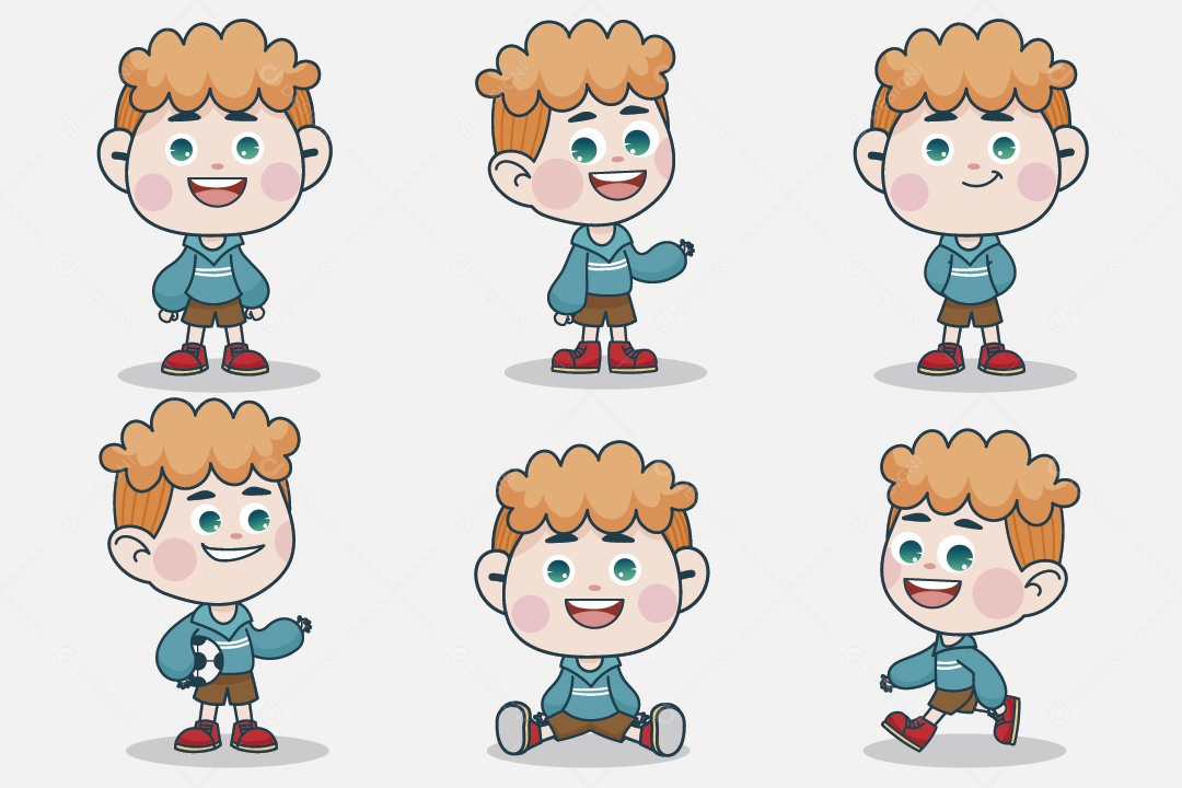 Personagem em Diferentes Expressões Faciais e Poses Vetor EPS