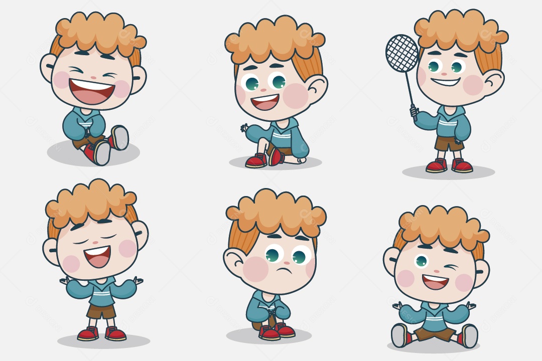 Personagem em Diferentes Expressões Faciais e Poses Vetor EPS