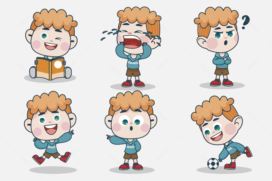 Personagem em Diferentes Expressões Faciais e Poses Vetor EPS