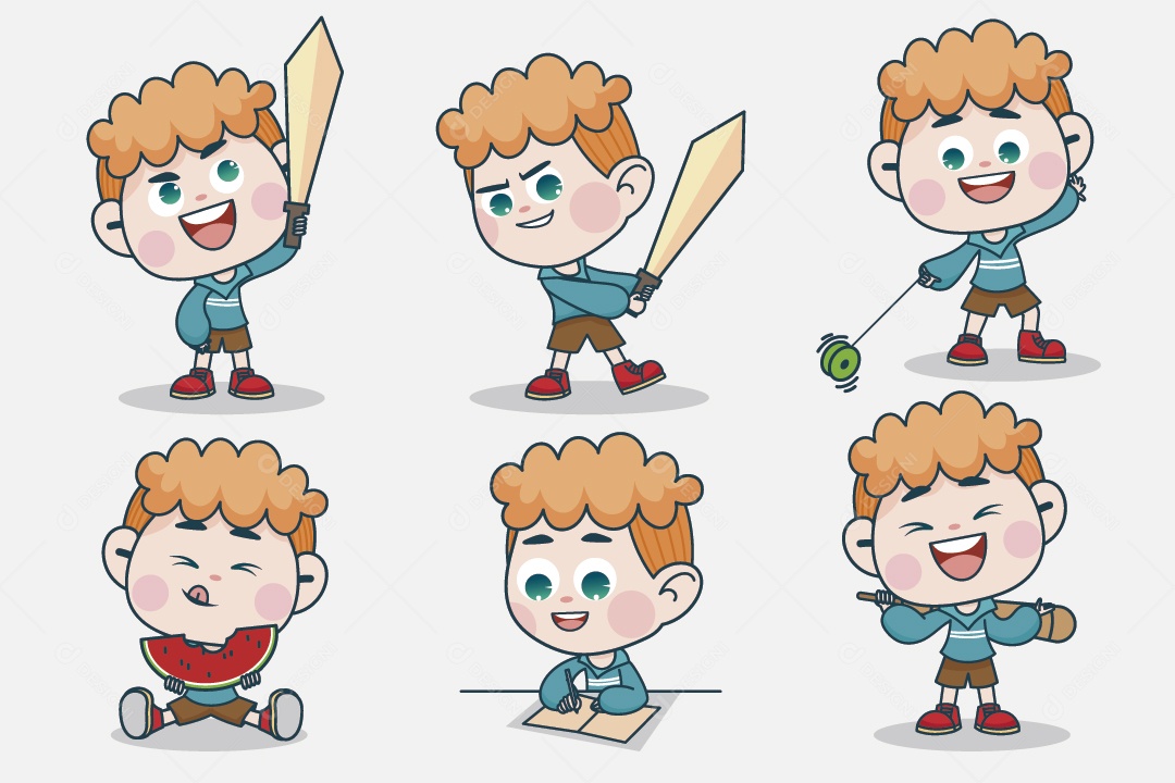 Personagem em Diferentes Expressões Faciais e Poses Vetor EPS