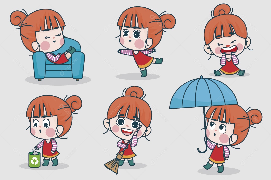 Personagem Feminina em Diferentes Expressões Faciais e Poses Vetor EPS