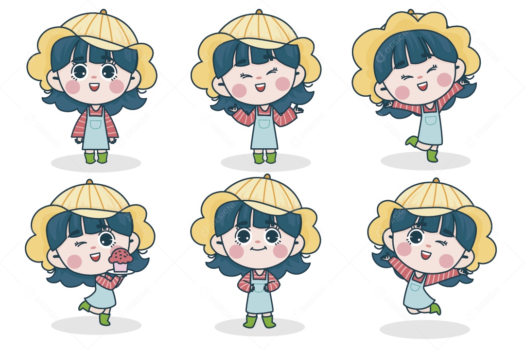 Personagem Feminina em Diferentes Expressões Faciais e Poses Vetor EPS