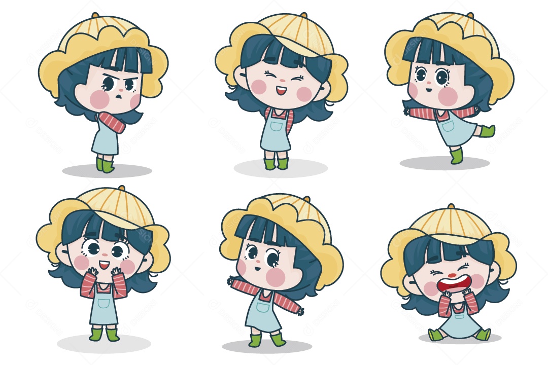 Personagem Feminina em Diferentes Expressões Faciais e Poses Vetor EPS