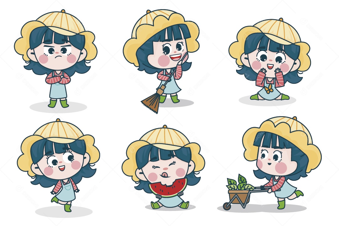 Personagem Feminina em Diferentes Expressões Faciais e Poses Vetor EPS