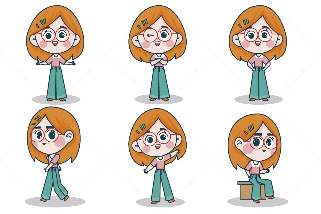 Personagem Feminina em Diferentes Expressões Faciais e Poses Vetor EPS