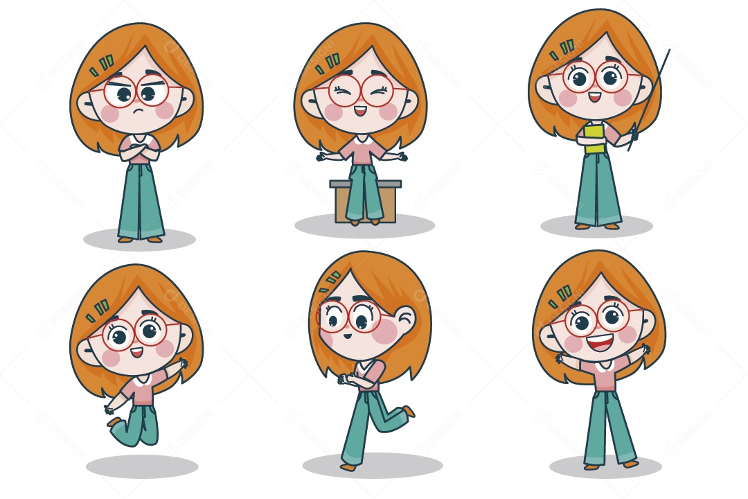 Personagem Feminina em Diferentes Expressões Faciais e Poses Vetor EPS