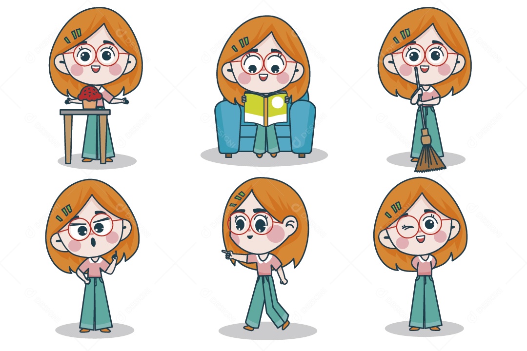 Personagem Feminina em Diferentes Expressões Faciais e Poses Vetor EPS