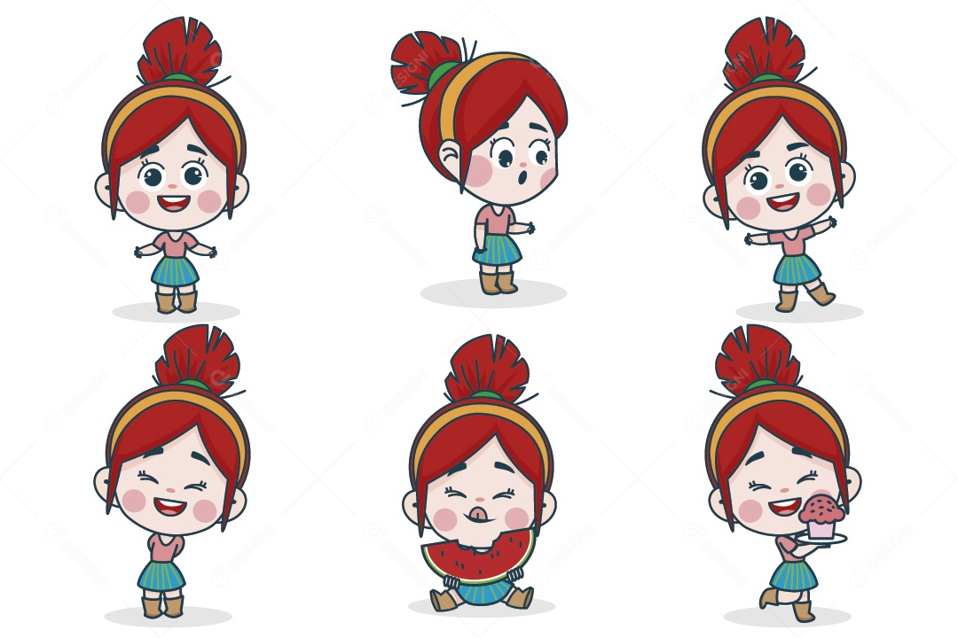 Personagem Feminina em Diferentes Expressões Faciais e Poses Vetor EPS