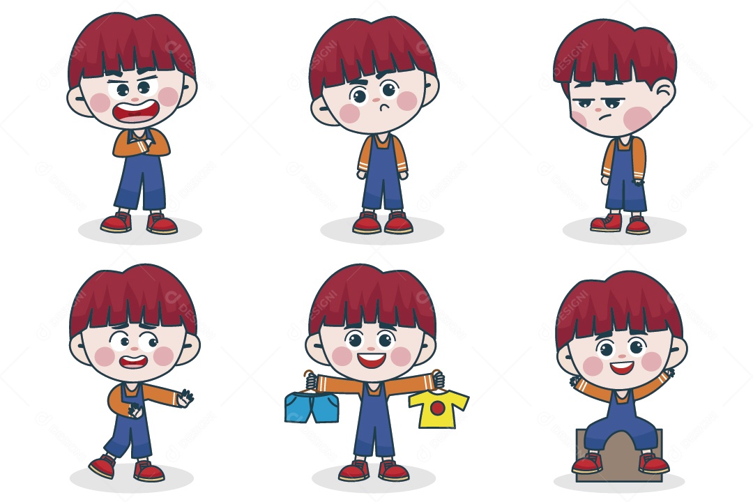 Personagem em Diferentes Expressões Faciais e Poses Vetor EPS