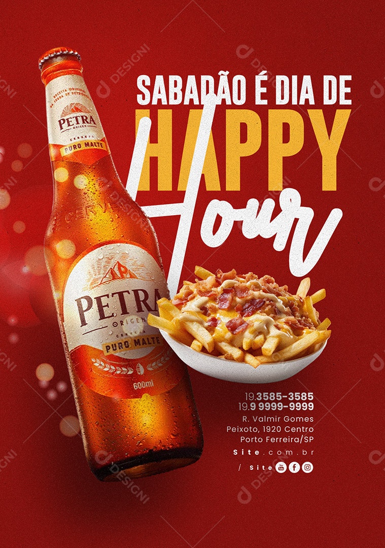 Cervejaria Sabadão é Dia de Happy Hour Cerveja Petra Puro Malte e Porção de Batata com Queijo Social Media PSD Editável