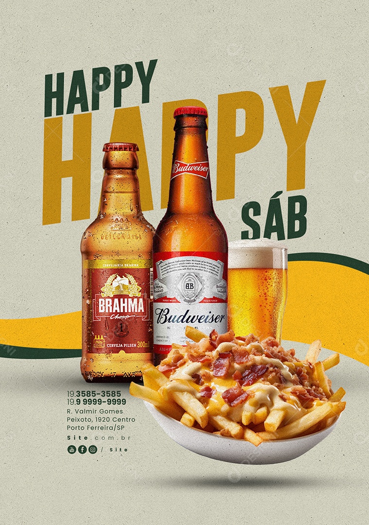 Cervejaria Happy Hour Cerveja Brahma Chopp Budweiser e Porção de Batatas com Queijo Social Media PSD Editável