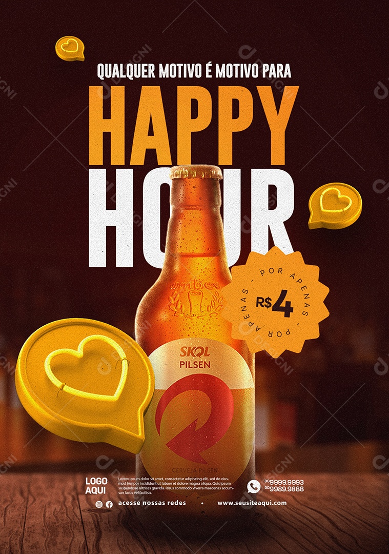 Cervejaria Qualquer Motivo é Motivo para Happy Hour Skol Pilsen por apenas 4,00 Social Media PSD Editável