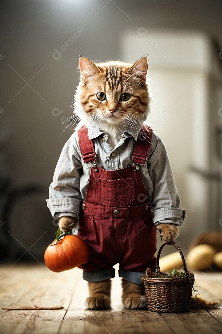 Gato vestido de fazendeiro no celeiro