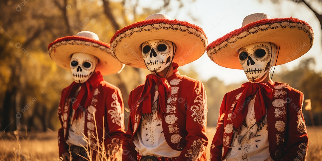 Grupo com maquiagem de caveiras mexicanas e sombrero comemorando o Dia dos Mortos em trajes tradicionais