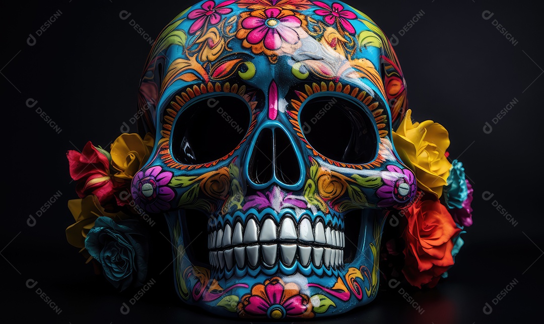 Arte de caveira pintada com desenhos mexicanos e flores coloridas comemorando o Dia dos Mortos