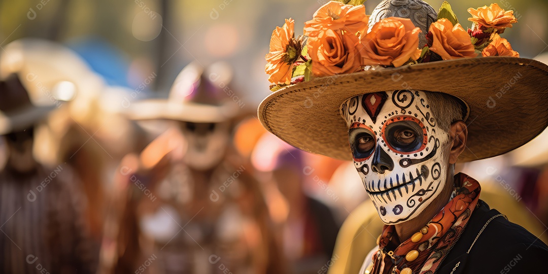 Homem com maquiagem de caveira mexicana no rosto vestido para o Dia dos Mortos no México