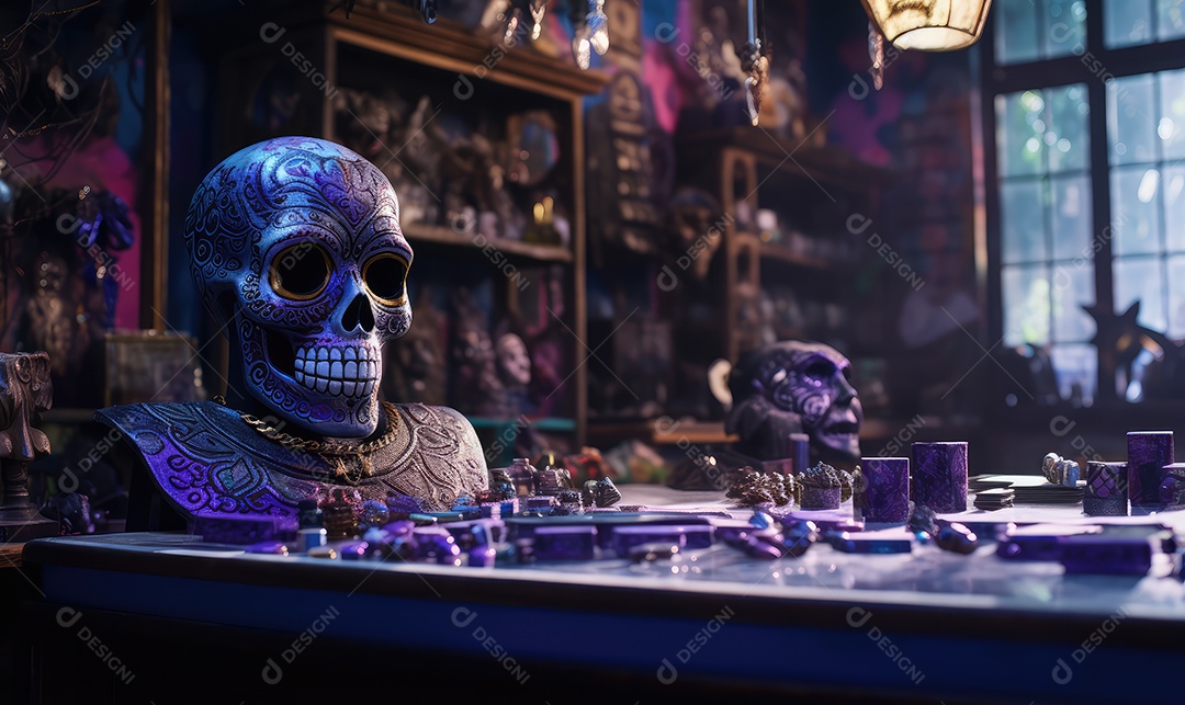 Arte de caveira pintada com desenhos mexicanos e flores coloridas comemorando o Dia dos Mortos