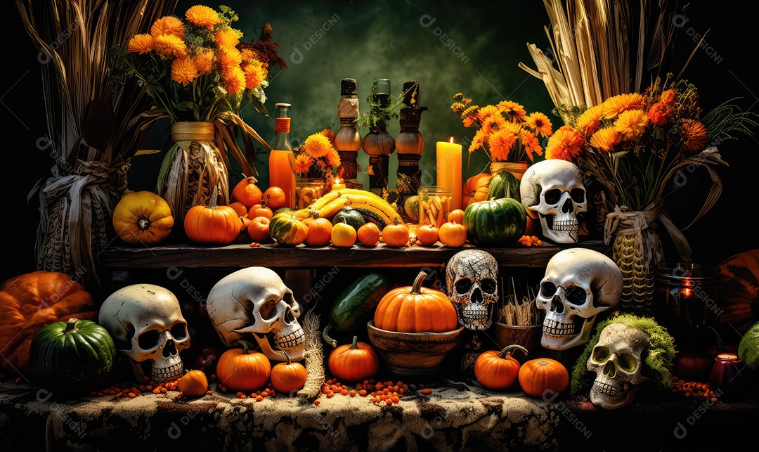 Arte de caveira pintada com desenhos mexicanos e flores coloridas comemorando o Dia dos Mortos