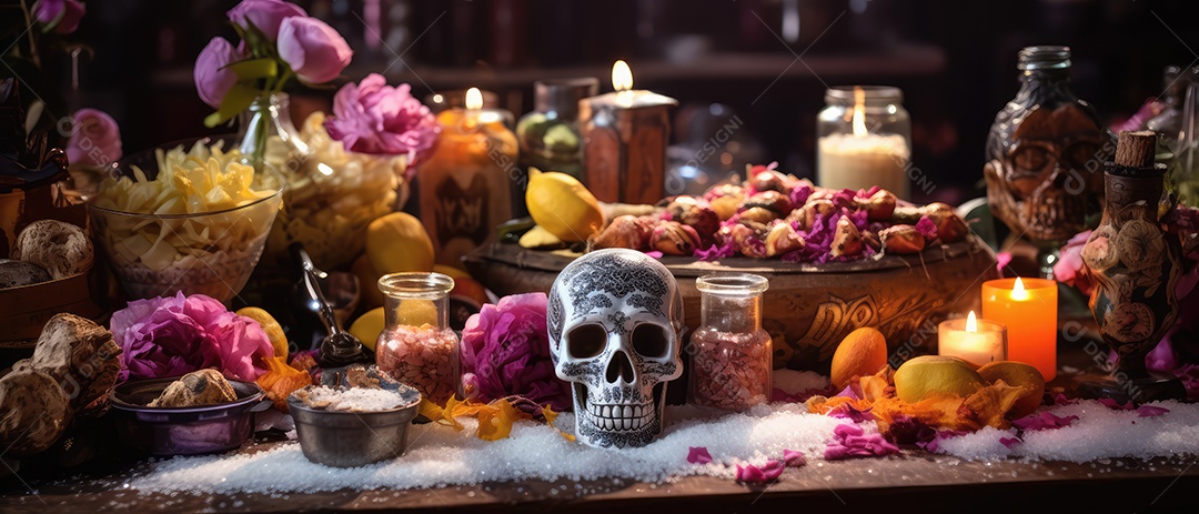 Arte de caveira pintada com desenhos mexicanos e flores coloridas comemorando o Dia dos Mortos