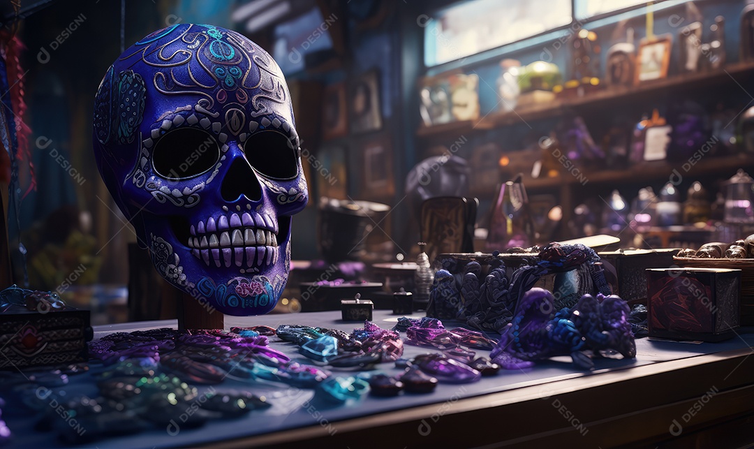 Arte de caveira pintada com desenhos mexicanos e flores coloridas comemorando o Dia dos Mortos