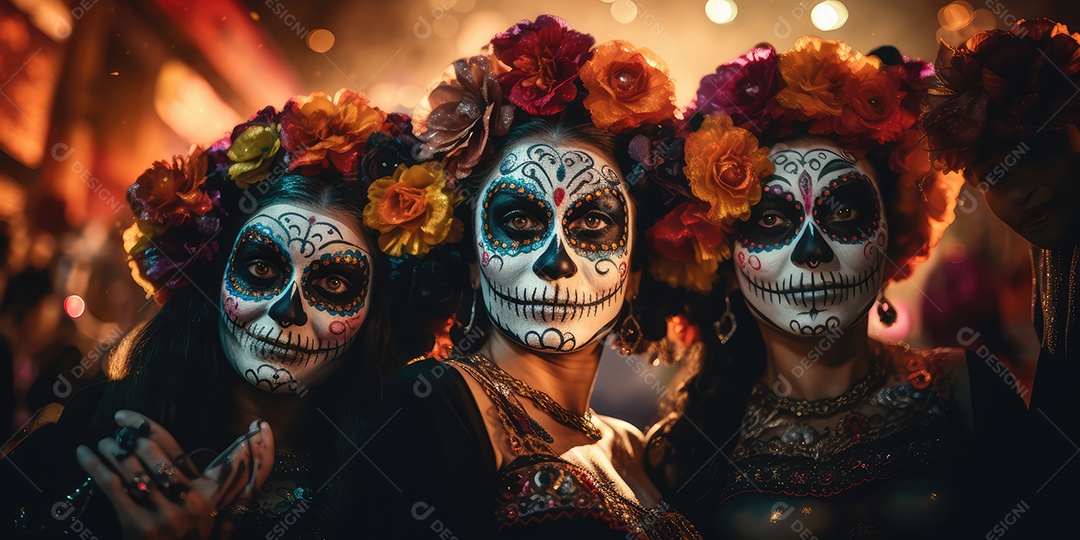 Arte de caveira pintada com desenhos mexicanos e flores coloridas comemorando o Dia dos Mortos