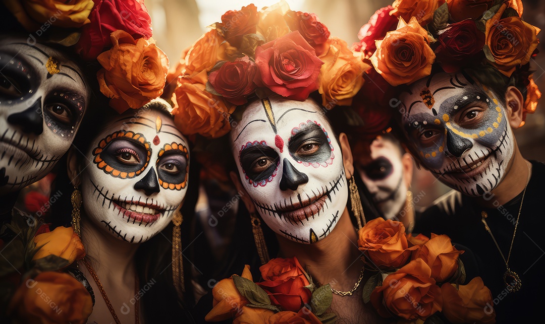 Grupo de amigos com maquiagem de caveiras mexicanas no rosto, vestidos para o Dia dos Mortos no México