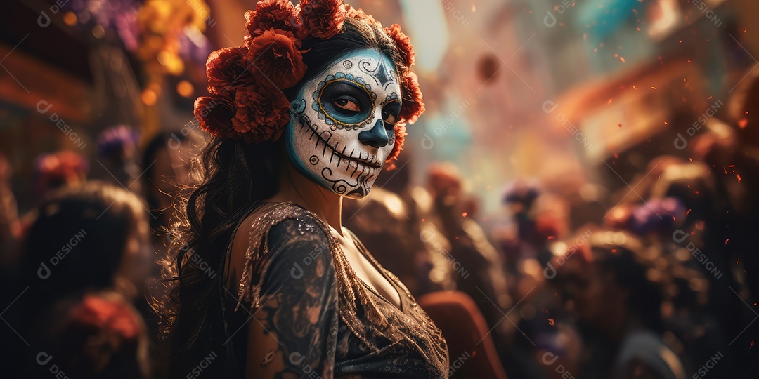 Mulher bonita com maquiagem de caveiras mexicanas no rosto e vestida para o Dia dos Mortos no México