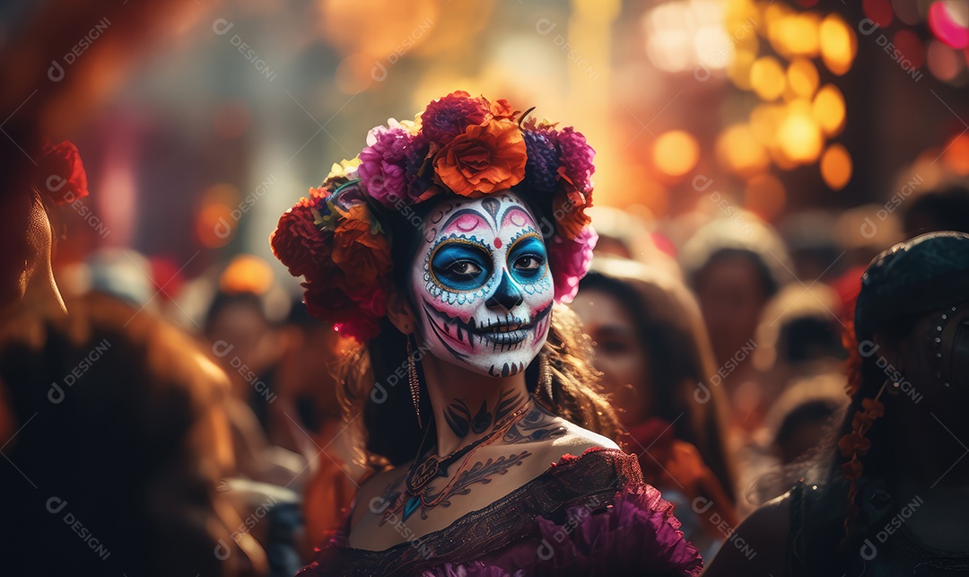 Mulher bonita com maquiagem de caveiras mexicanas no rosto e vestida para o Dia dos Mortos no México