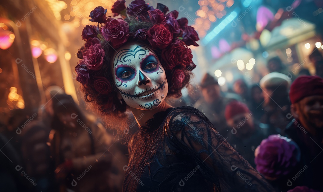 Mulher bonita com maquiagem de caveiras mexicanas no rosto e vestida para o Dia dos Mortos no México