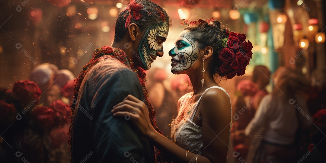 Lindo casal com maquiagem de caveiras mexicanas no rosto, vestidos para o Dia dos Mortos no México