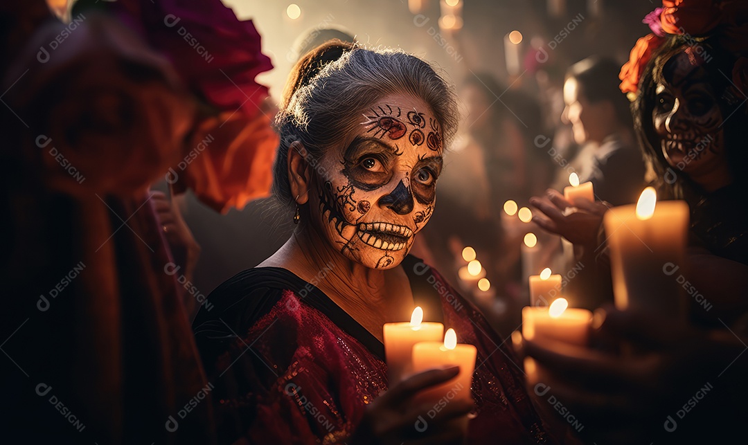 Mulher bonita com maquiagem de caveiras mexicanas no rosto e vestida para o Dia dos Mortos no México