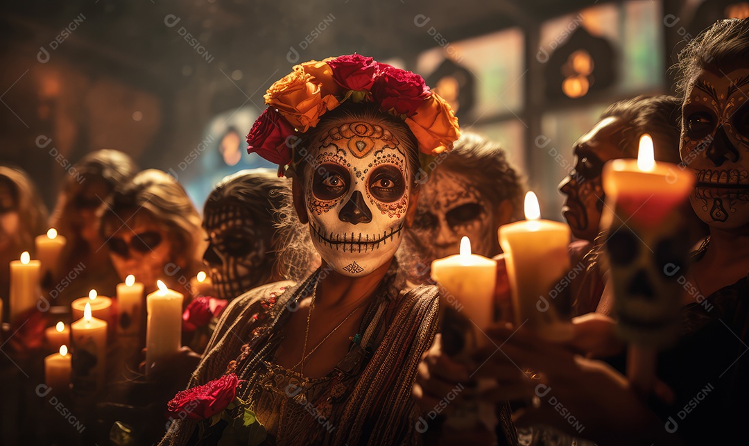 Mulher bonita com maquiagem de caveiras mexicanas no rosto e vestida para o Dia dos Mortos no México