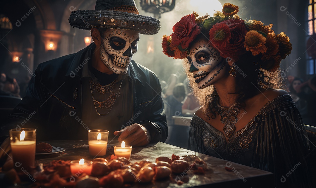 Mulher bonita com maquiagem de caveiras mexicanas no rosto e vestida para o Dia dos Mortos no México