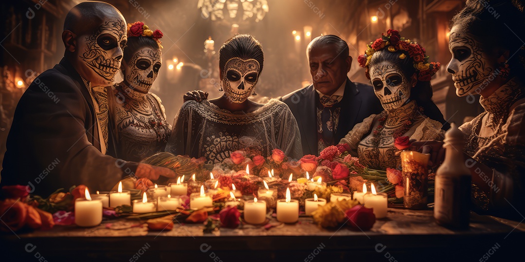 Mulher bonita com maquiagem de caveiras mexicanas no rosto e vestida para o Dia dos Mortos no México