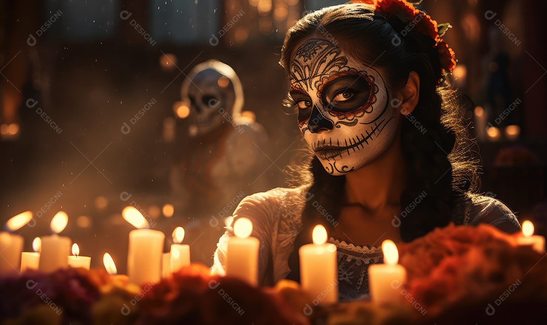 Mulher bonita com maquiagem de caveiras mexicanas no rosto e vestida para o Dia dos Mortos no México